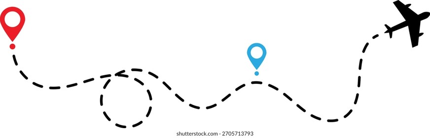 An airplane flies along a dashed line representing a travel route, connecting two location markers.