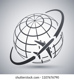 Airplane flies around the earth. Simple vector icon on a light gray background