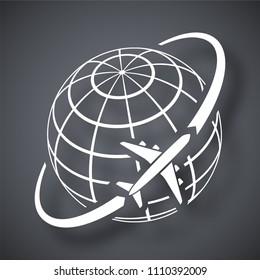Airplane flies around the earth. Simple vector icon on a dark gray background