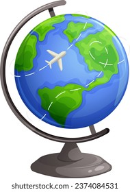 Airplane flies around the globe, planet Earth. Vector illustration, concept for travel and flights