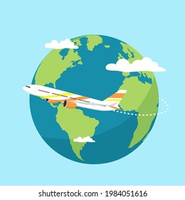 Airplane flies around the planet Earth with continents and oceans. White clouds hover above the ground. People travel the world on airplanes. Logo, icon, symbol. Flat design. vector illustration.