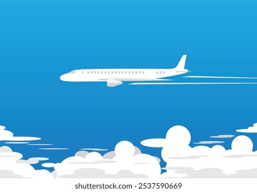 Airplane flies between blue sky seen from side