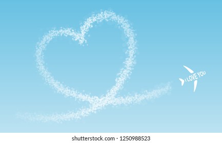 Airplane flies a cloud heart in front of blue sky
