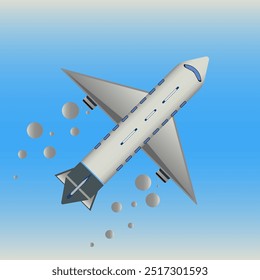 Airplane flies in the cloudy sky in cartoon style, top view