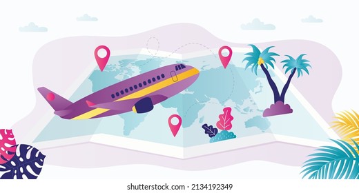 Airplane flies to destination on map. Time to travel. Plane transport passengers on vacation to warm country. Concept of international flights, tourism. Atlas with marked points. Vector illustration