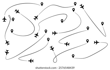 Airplane Flies to Destination. Set of different Flights in Pin. Line path of flying Transport. Route to point, navigation, Lane in sky. Icons and outline. Travel, trip, movement. Vector illustration