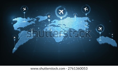 Airplane flies glowing 3D world map with interconnected travel routes. Represents global air travel, aviation logistics, and international connectivity in a digital tech style.