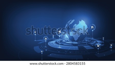 Airplane flies glowing 3D world map with interconnected travel routes. Represents global air travel, aviation logistics, and international connectivity in a digital tech style.	