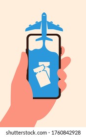 Airplane flies out of the screen phone and tickets in liquids in flat style