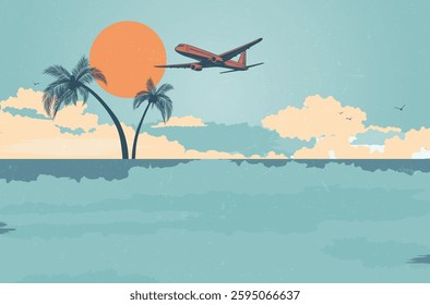 Airplane flies over breathtaking tropical scene featuring palm trees and bright sunset, capturing essence of travel, adventure and exploration in stunning visual. Vector illustration.