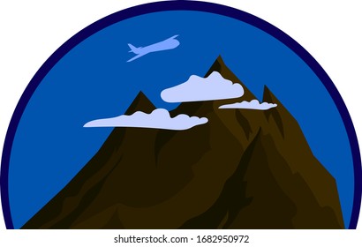 Airplane flies over the mountain peaks sticker vector illustration