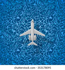 Airplane flies over a sea, vector illustration.