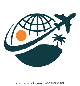 Airplane flies over a tropical island with a globe and orange sun