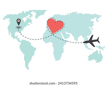 Un avión vuela sobre un mapa del mundo. Ruta de línea inclinada en forma de corazón a la ubicación del vuelo. Ilustración vectorial, concepto de amor por el viaje, luna de miel.