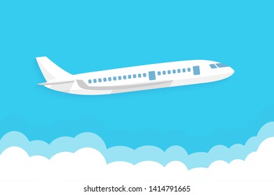 Airplane flies in the sky and cloud on blue background. Concept time to travel. Vector in flat style.