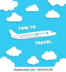 Airplane flies in the sky and cloud on blue background. Concept time to travel. Vector in flat style.
