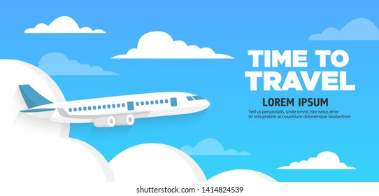 Airplane flies in the sky and cloud on blue background. Concept time to travel. Vector in flat style.