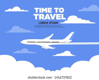 Airplane flies in the sky and cloud on blue background. Concept time to travel. Vector in flat style.