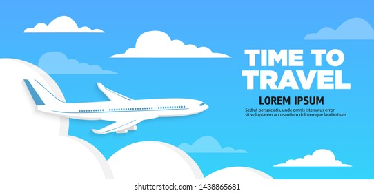 Airplane flies in the sky and cloud on blue background. Concept time to travel. Vector in flat style.
