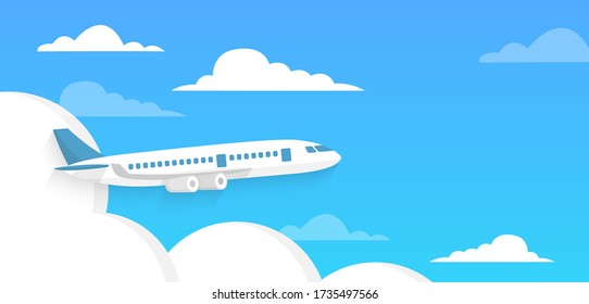 Airplane flies in the sky and cloud on blue background. Concept time to travel. Vector in flat style.