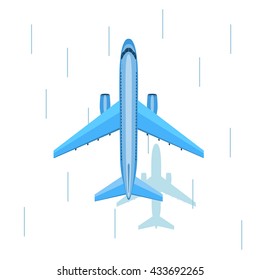 Airplane flies in the sky over snow. View from above. Airliner. Fast jet