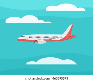 Airplane flies in the sky. Side view. Airliner. White airplane. Fast jet. Cartoon vector illustration. Cloudy day.