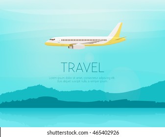 Airplane flies in the sky. Side view. Airliner. White airplane. Fast jet. Cartoon vector illustration. Cloudy day.