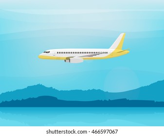 Airplane flies in the sky. Side view. Airliner. White airplane. Fast jet. Cartoon vector illustration. Cloudy day.