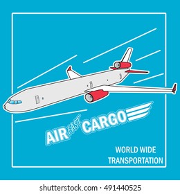 Airplane flies in the sky. Side view. Airliner. White airplane. Fast jet. Cartoon vector illustration. 
