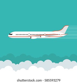 Airplane flies in the sky. Side view. Airliner. White airplane. Flat vector banner.