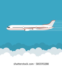 Airplane flies in the sky. Side view. Airliner. White airplane. Flat vector banner.