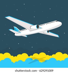 Airplane flies in the sky. Side view. Airliner. White airplane. Flat vector banner.