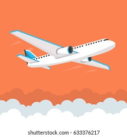 Airplane flies in the sky. Side view. Airliner. White airplane. Flat vector banner.