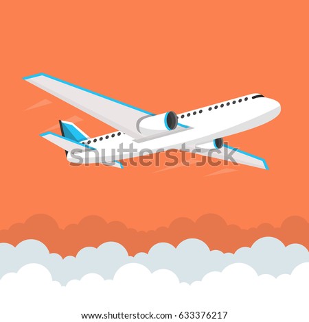 Airplane flies in the sky. Side view. Airliner. White airplane. Flat vector banner.