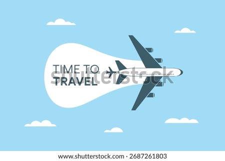 Airplane flies through a clear blue sky with fluffy white clouds beckoning travelers to embrace the spirit of adventure and explore new horizons promising unforgettable experiences and cherished memo