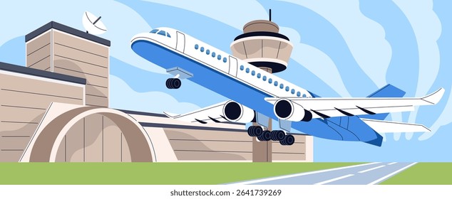 Airplane flight. Aircraft flies, landing on runway. Airport building and plane on airstrip. Airliner arrives on airfield from travel. Aerodrome with aeroplane, terminal tower. Flat vector illustration