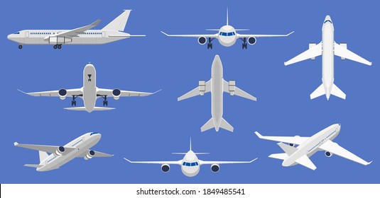 Airplane flight. Aircraft plane in front, side and top view, passenger plane or cargo service aircraft. Flying airplane isolated vector illustrations. Aviation or traveling concept
