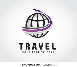 Airplane flight around globe world logo symbol design inspiration illustration