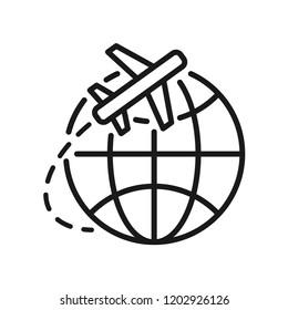 Airplane flight around the world. Line vector. Simple design. Isolate on white background.