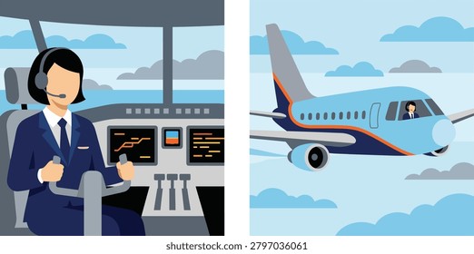 Airplane and Flight Attendant in Cockpit Window Flat Vector Illustration with Minimalist Clouds and Copy Space