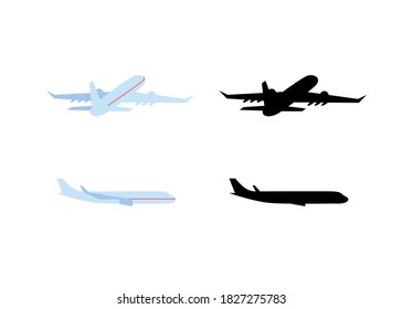 Airplane in flight back and side view isolated on white background. Black silhouette and flat style. Vector illustration.