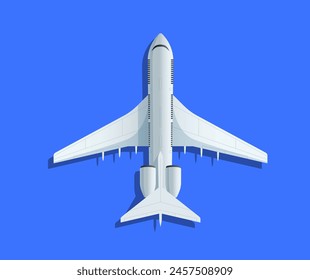 Airplane in flight from a bottom-up perspective, on blue background, concept of air travel. Vector illustration