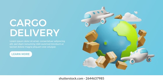 Página de aterrissagem de publicidade do serviço de entrega de carga do avião. Design de banner de vetor de desenho 3D. Remessa da ordem. Avião a jato comercial branco com pacotes de caixa em torno do planeta Terra
