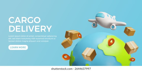 Avião de voo de carga serviço de entrega de publicidade 3D desenho de página de aterrissagem vetor cartoon. Encomende logística e transporte. Avião a jato comercial branco com pacotes de caixa em torno do planeta Terra