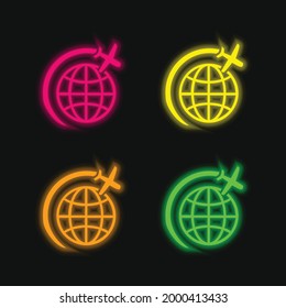 Airplane Flight In Circle Around Earth four color glowing neon vector icon