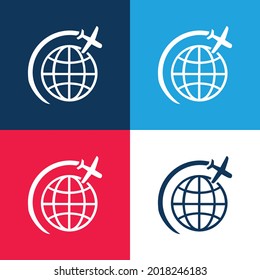 Airplane Flight In Circle Around Earth blue and red four color minimal icon set