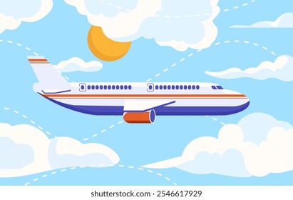 Concepto de vuelo de avión. Avión en el cielo. Viaje y viajes, turismo. Avión, vacaciones y vacaciones. Transporte comercial y turismo. Ilustración vectorial plana aislada sobre fondo blanco