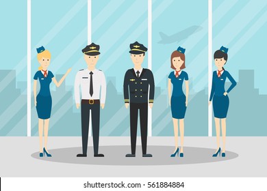 Airplane flight crew. Pilot, capitan and flying attendants. Professional team in uniform.