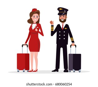 Airplane flight crew. Pilot, captain and flying attendant. flat character design vector illustration