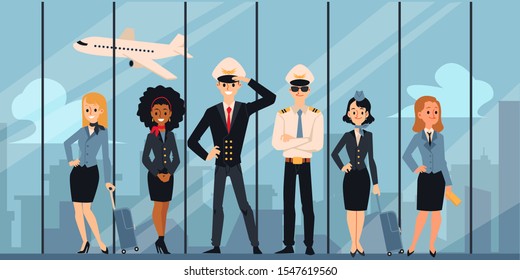 Airplane flight crew standing in airport - plane captain, second pilot, stewardess women in uniform posing in front of terminal window. Flat cartoon banner vector illustration.